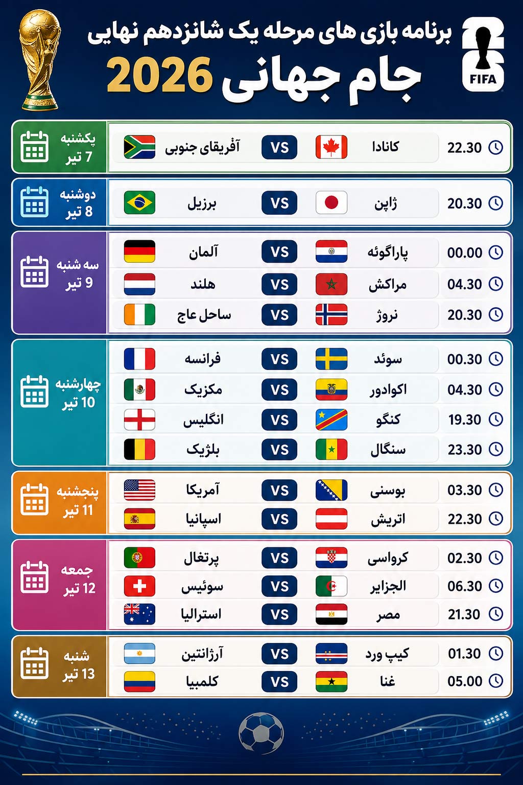 برنامه کامل بازی های حذفی جام جهانی 2026 [تاریخ + ساعت]